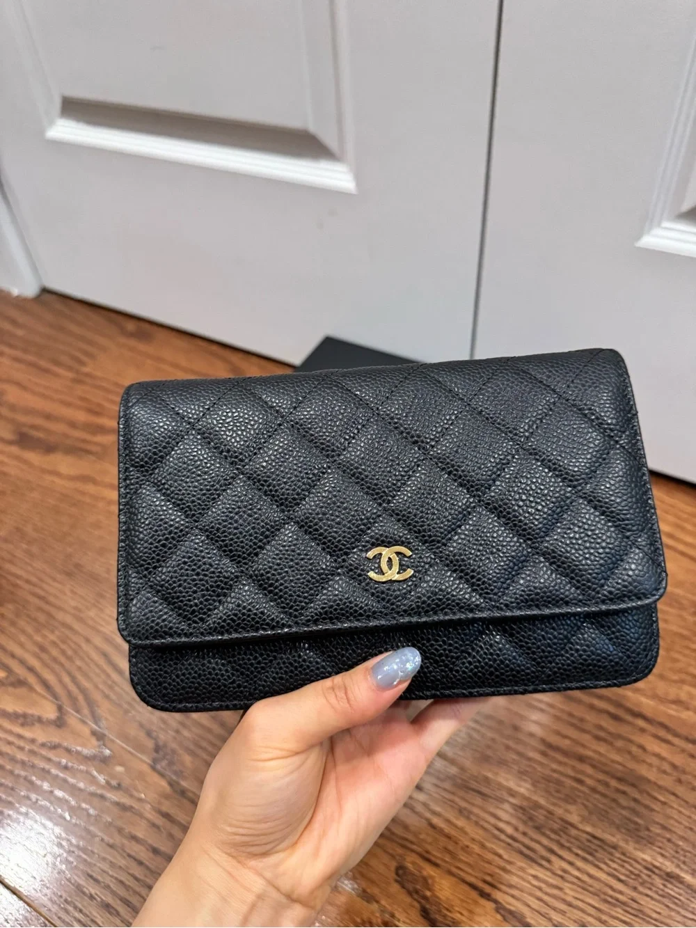 CHANEL Black Quilted Caviar Leather Wallet with Gold Hardware